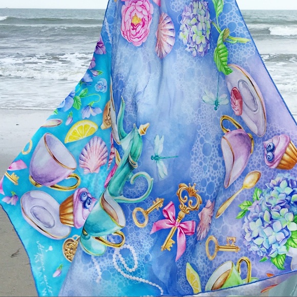 100% silk square scarf turquoise lilac floral wrap "Believe" Victorian tea party - Picture 1 of 8